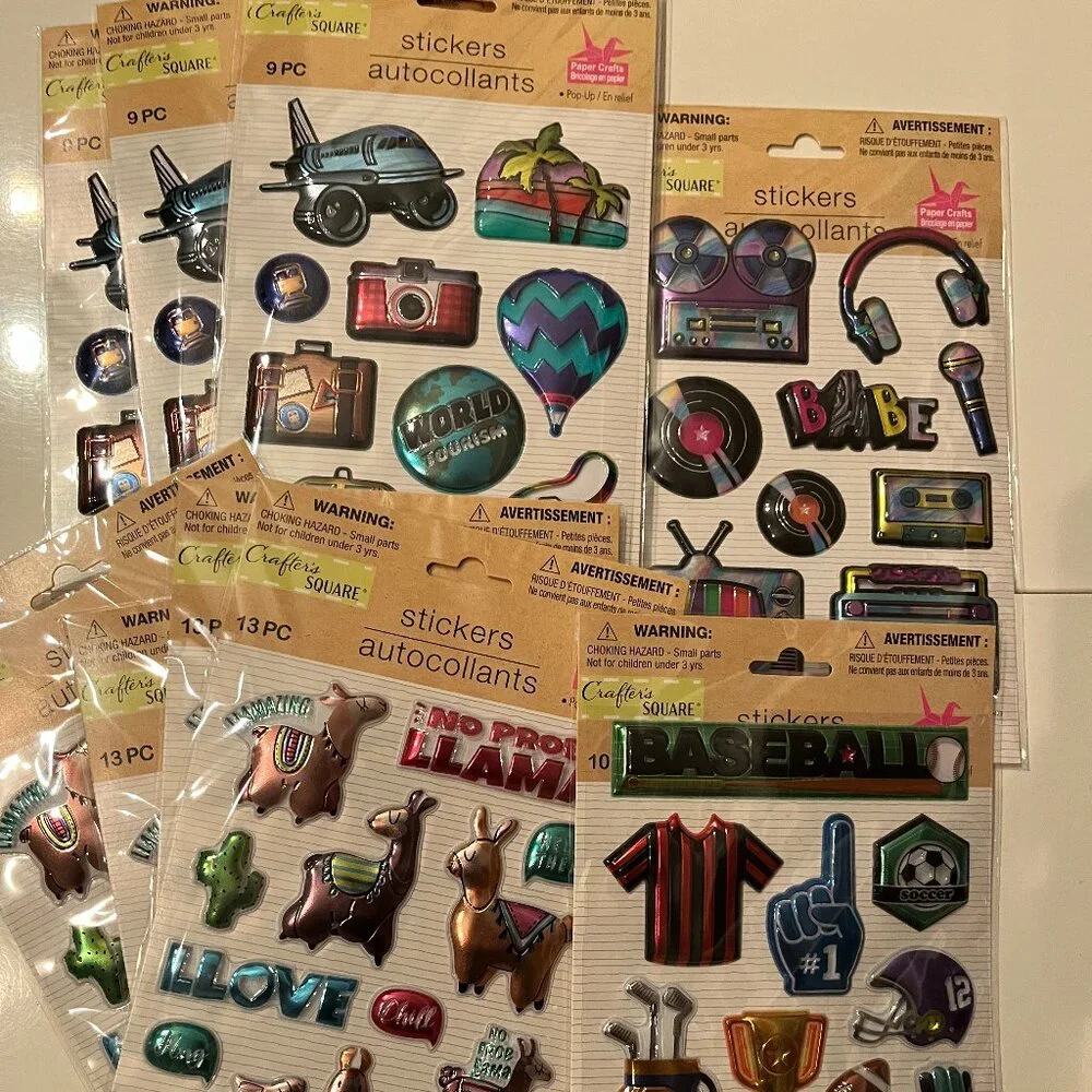 Metallic Puffy Stickers (10 Packs) Llamas,‎ Trave,l 80s, Sports (NEW)